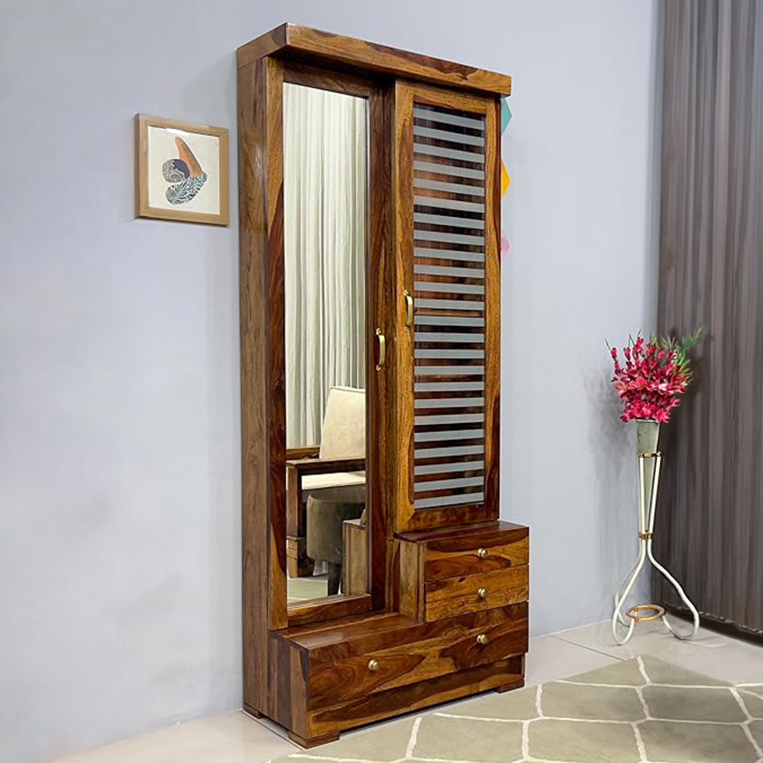 WoodenKart Sheesham Wood Dressing Table with Full Mirror & Storage Drawers